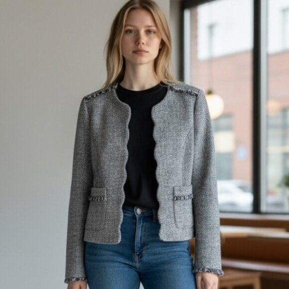 Banana Republic Open Front Scalloped Tweed Blazer Navy NWT - Picture 1 of 8